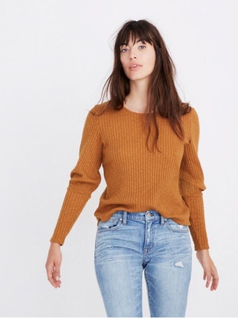 Madewell Ribbed Crewneck Sweater in Camel Orange